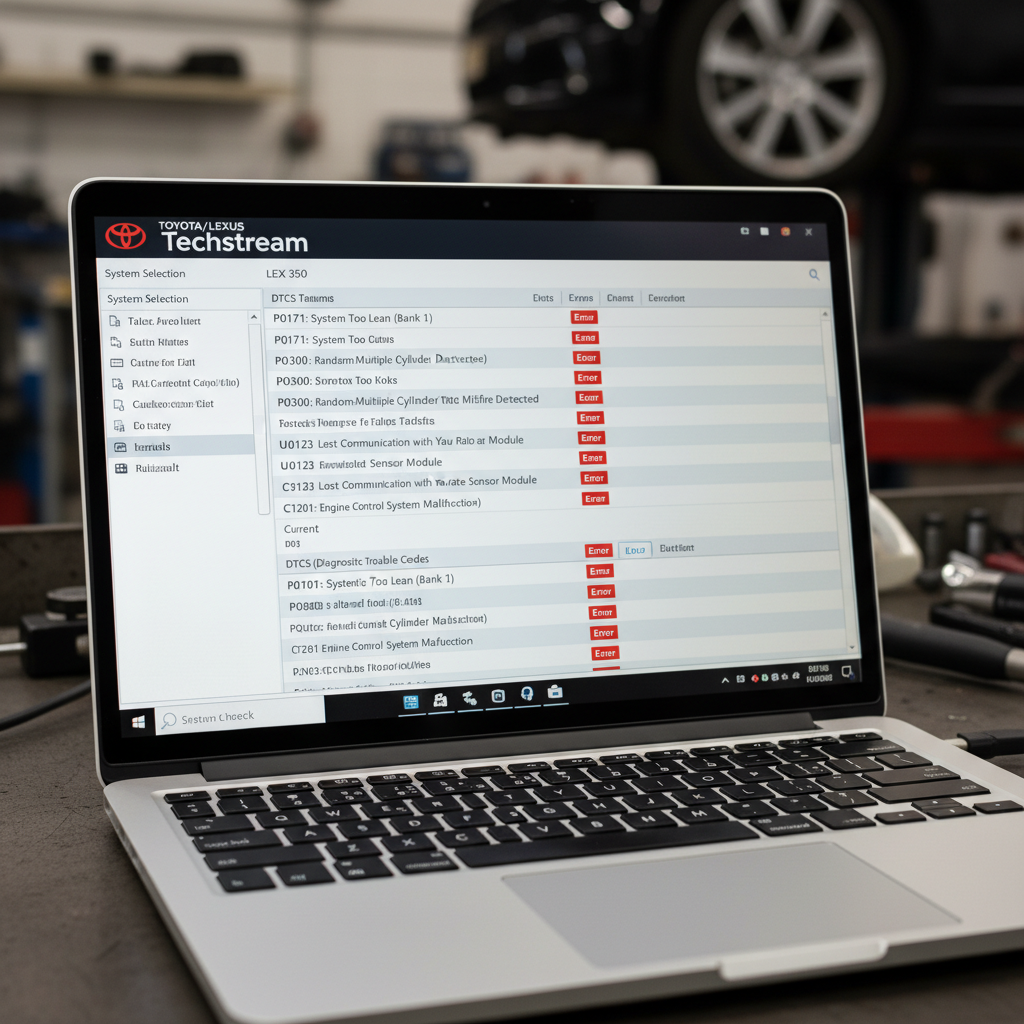 Laptop showing Techstream diagnostic software with multiple error codes on Lexus IS