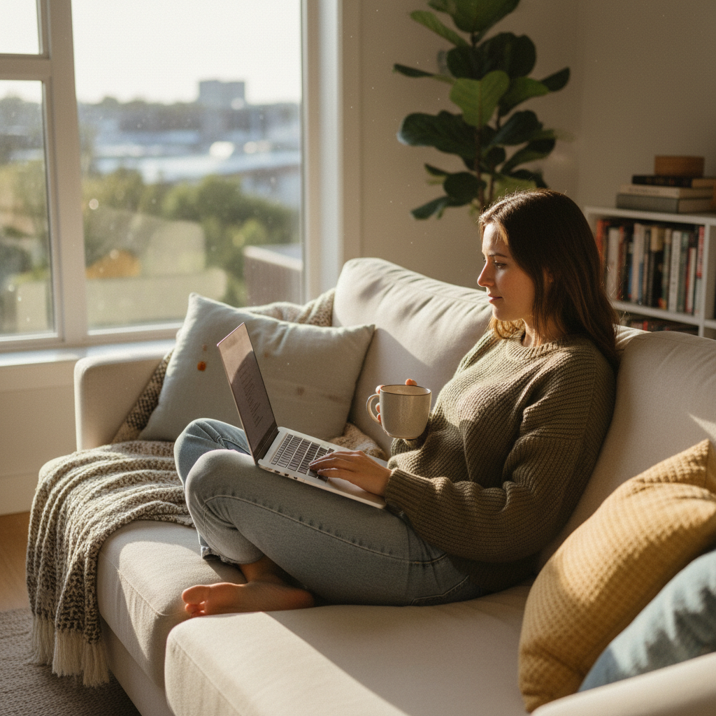 Person using laptop for online banking in bright modern home, natural light, calm atmosphere