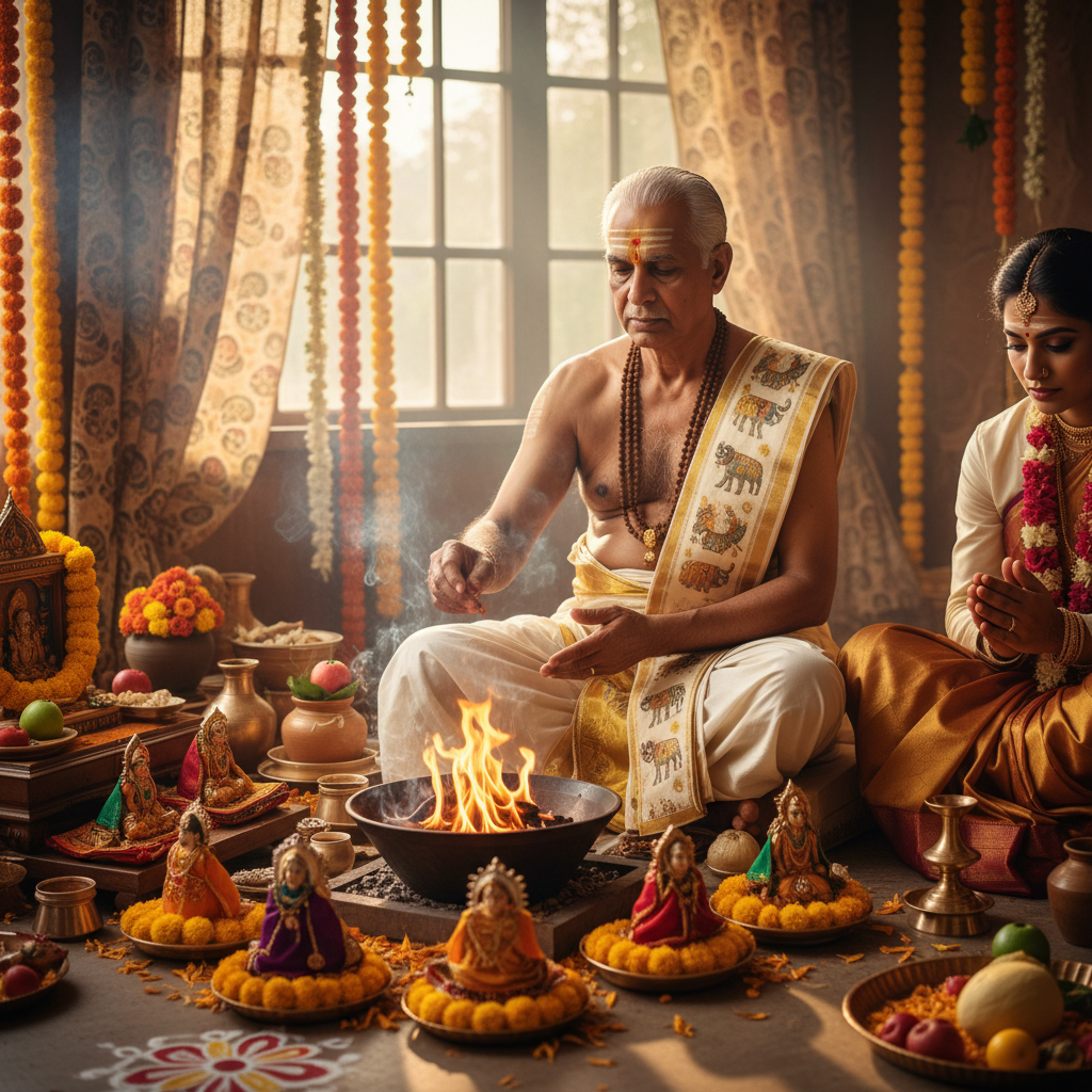 Hindu priest performing puja ceremony with flowers and fire rituals