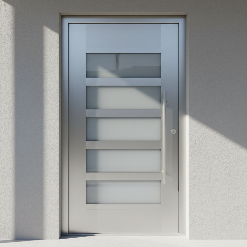 Elegant frameless glass door entrance to modern home with dark steel frame and frosted glass panels