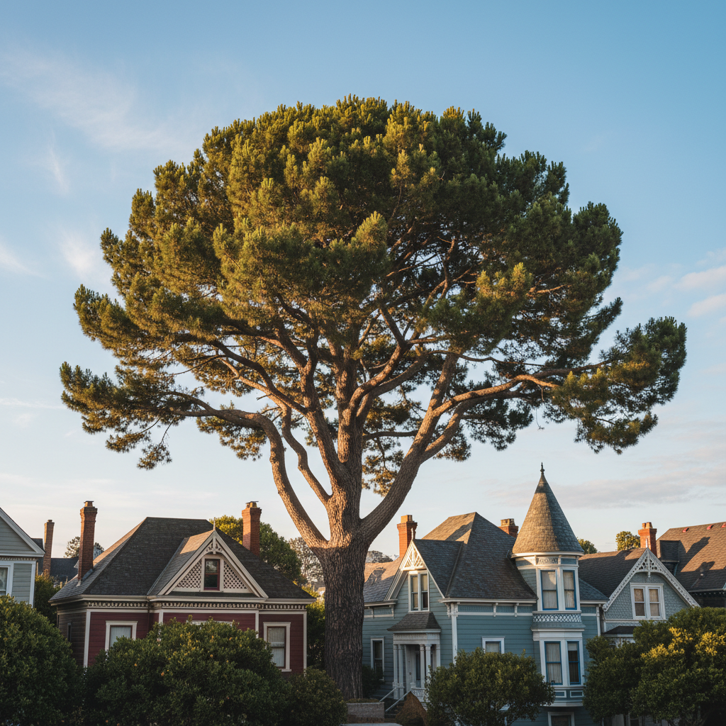 Tall Monterey pine towering over Victorian rooftops in San Francisco's Noe Valley neighborhood