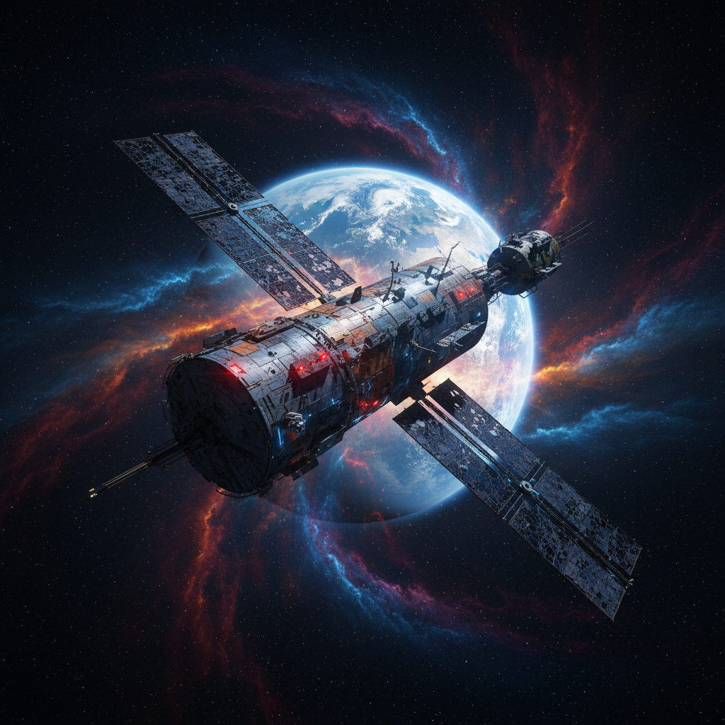 Space station silhouette against a colorful nebula in deep space