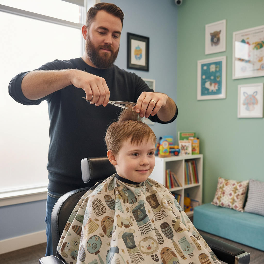 Barber cutting young boys hair, friendly bright barbershop environment, child in cape