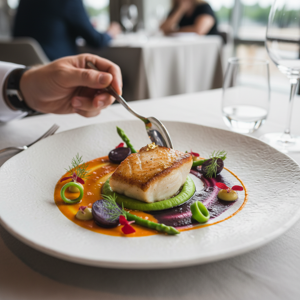 Beautifully plated dish under warm restaurant lighting, guest hand reaching for a fork, herb oil glistening