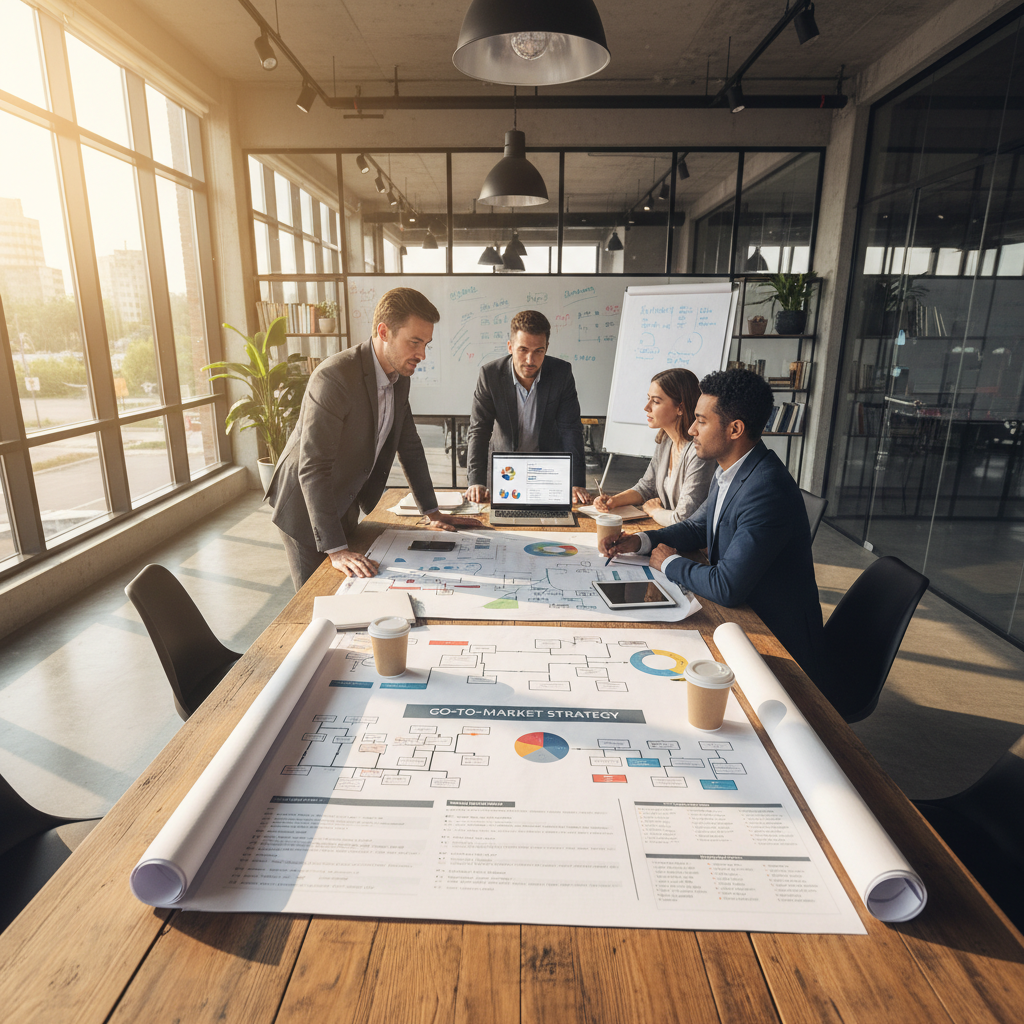 Business strategy session with documents and charts on a clean minimalist desk
