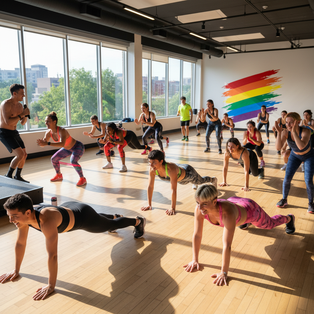 Group fitness workout class with LGBTQ+ participants in Fort Lauderdale