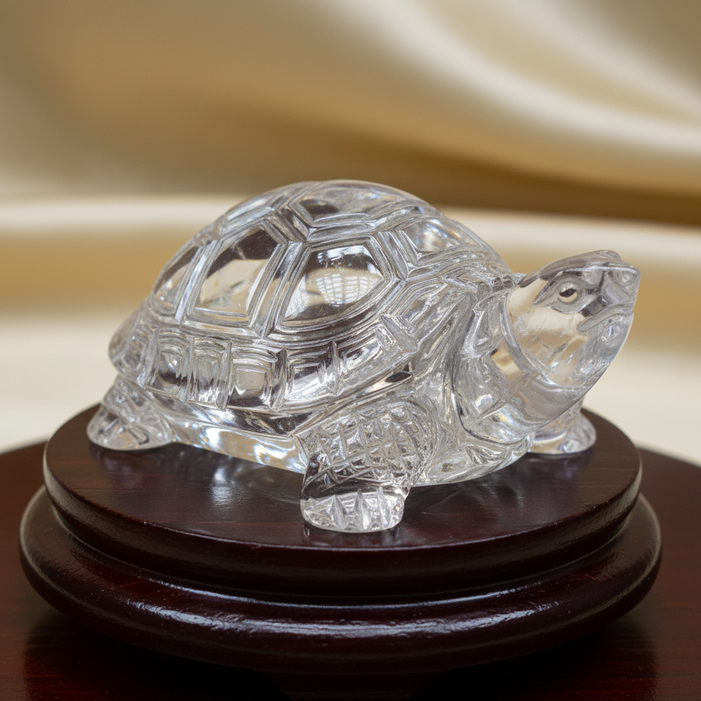 Crystal quartz tortoise figurine for vastu and feng shui on wooden base