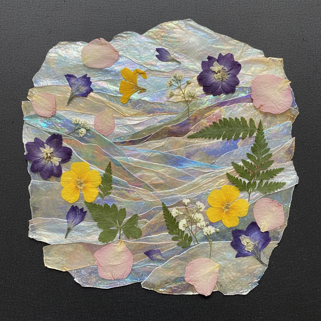 Finished collage artwork using natural mica flakes and pressed flower petals showing iridescent texture