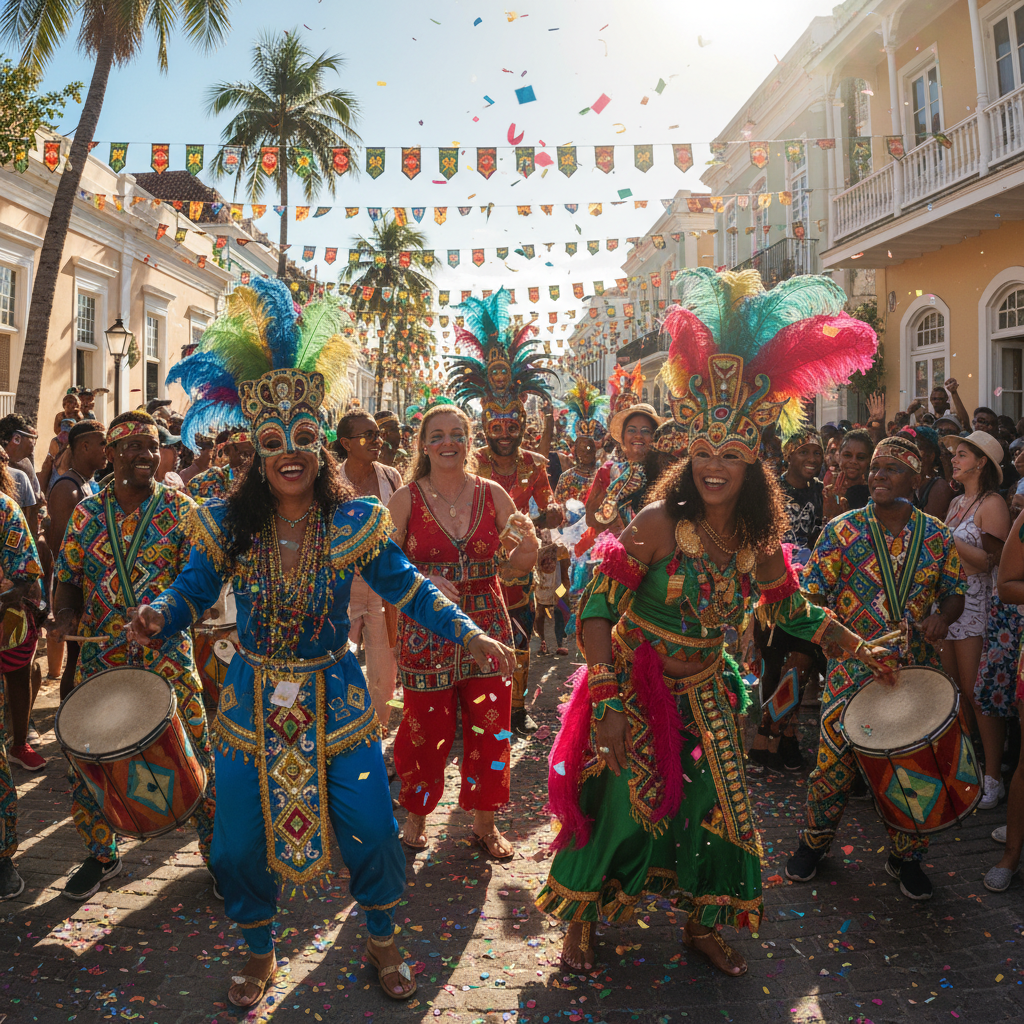 Happy tourists experiencing Caribbean carnival and local culture