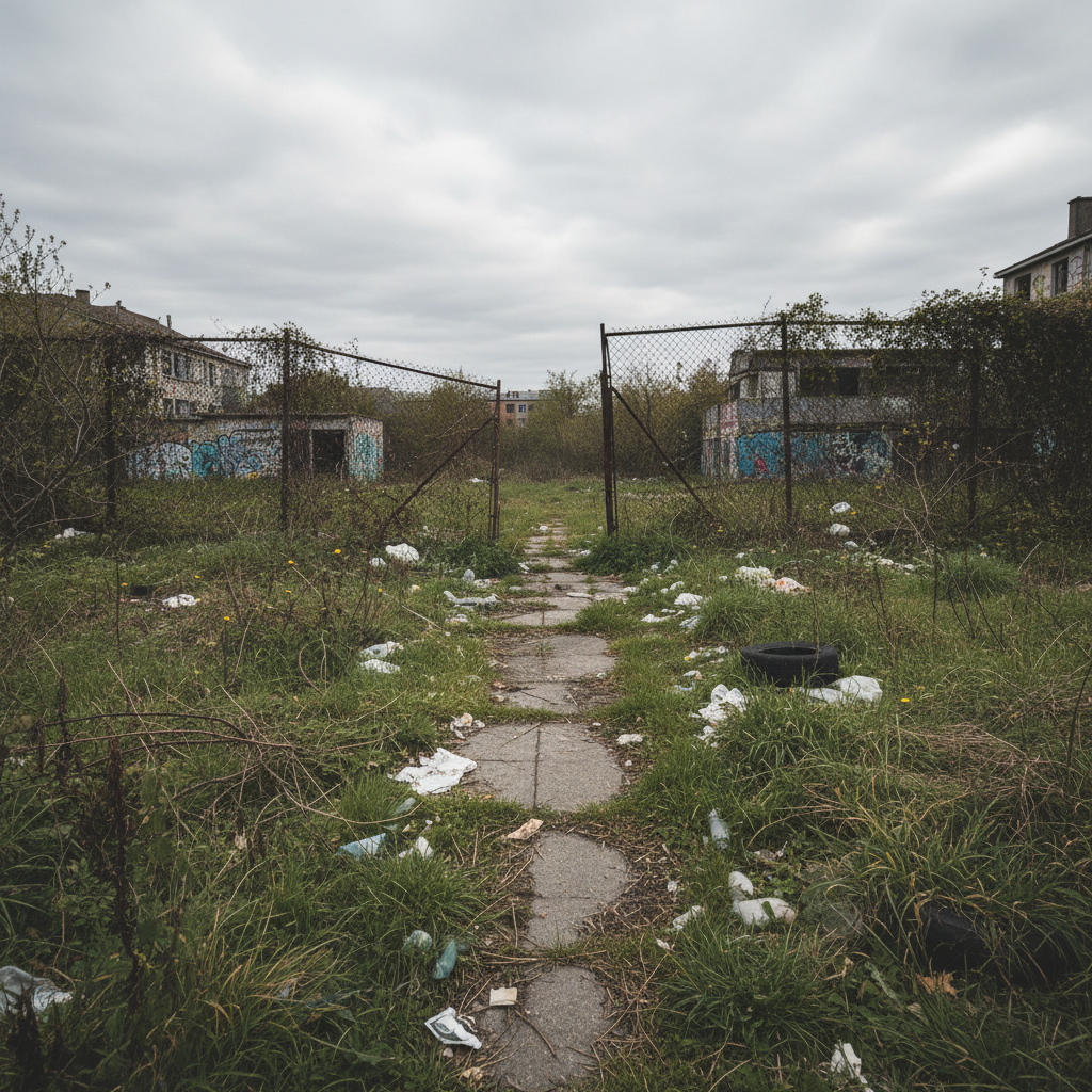 Overgrown neglected property lot with tall weeds, scattered debris, and old tires, overcast sky