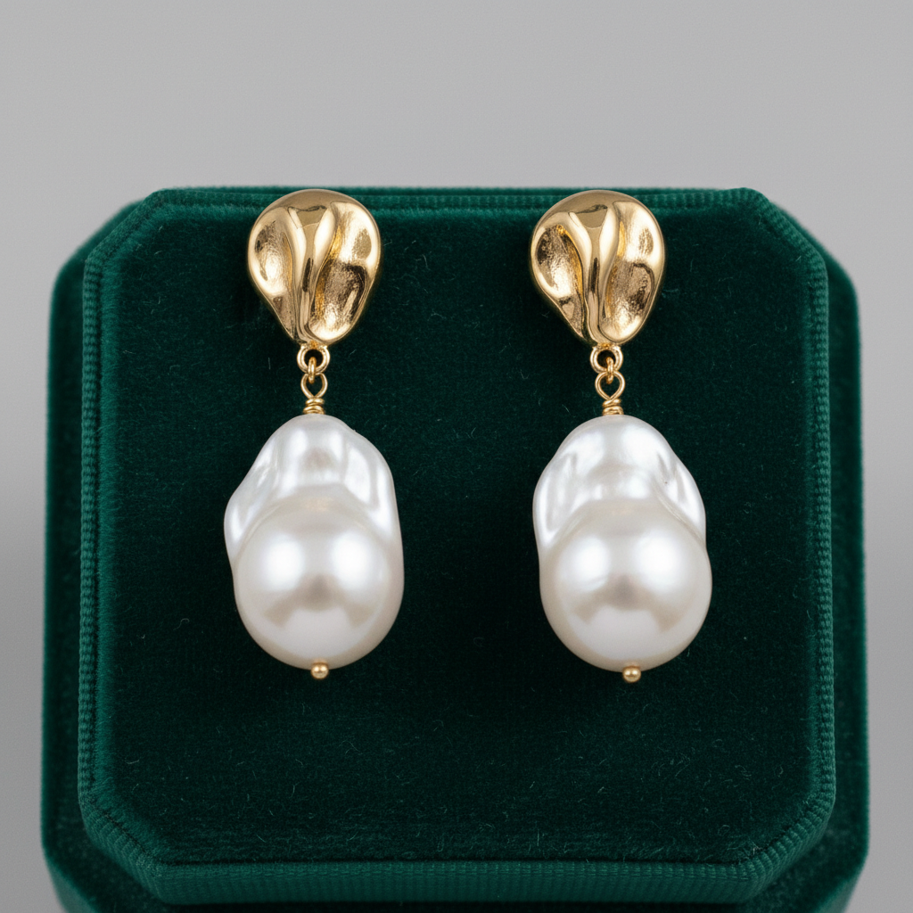 Baroque pearl drop earrings in gold on velvet jewelry box