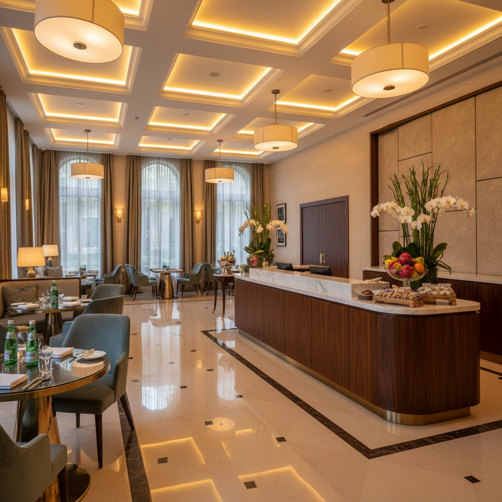Luxury hotel lobby representing hospitality industry food supply
