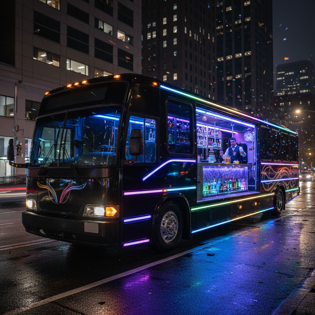 Interior of a luxury party bus with LED lighting and leather seating
