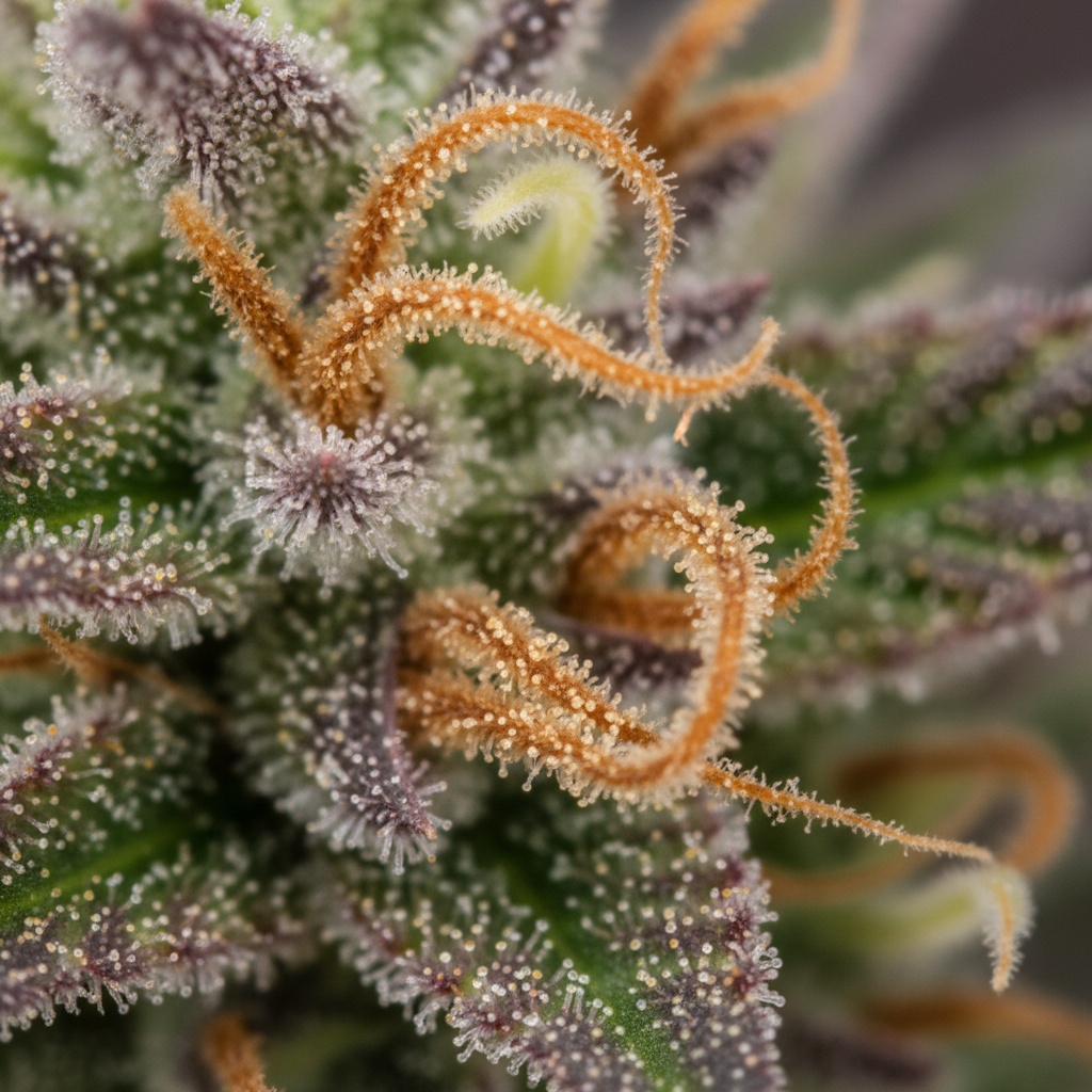 Close-up of cannabis flower stigmas with pollen visible under controlled lighting