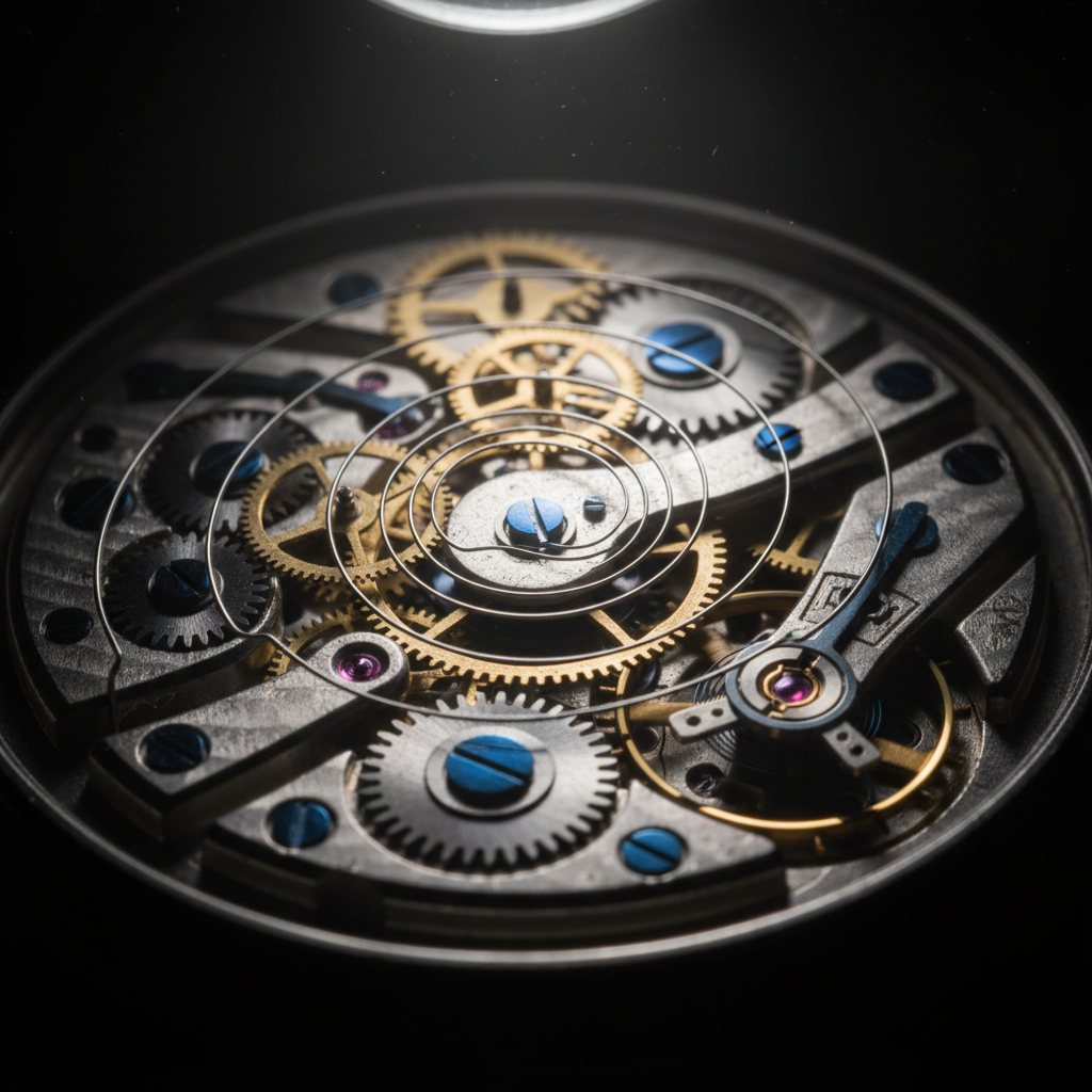Watch movement inspection under magnification, dim workshop lighting, dark steel tools on black surface