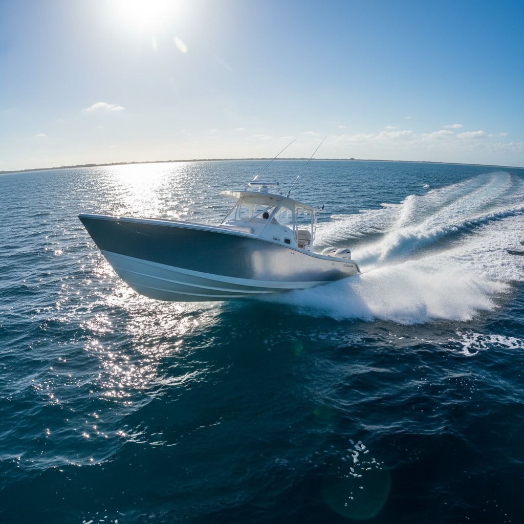 White center console boat cutting through blue ocean chop at speed, bow raised