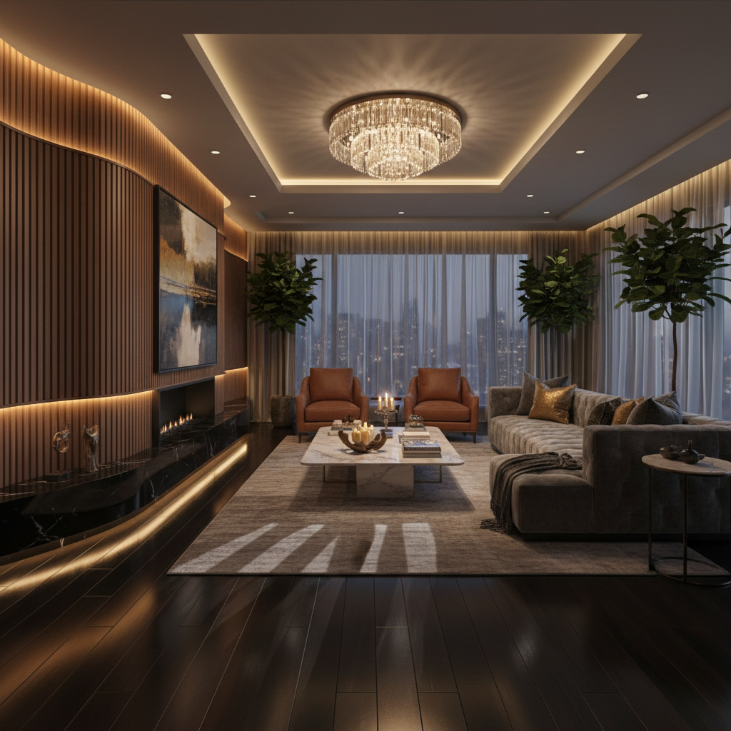 Elegant home furniture and decor in a dark atmospheric interior with dramatic directional lighting