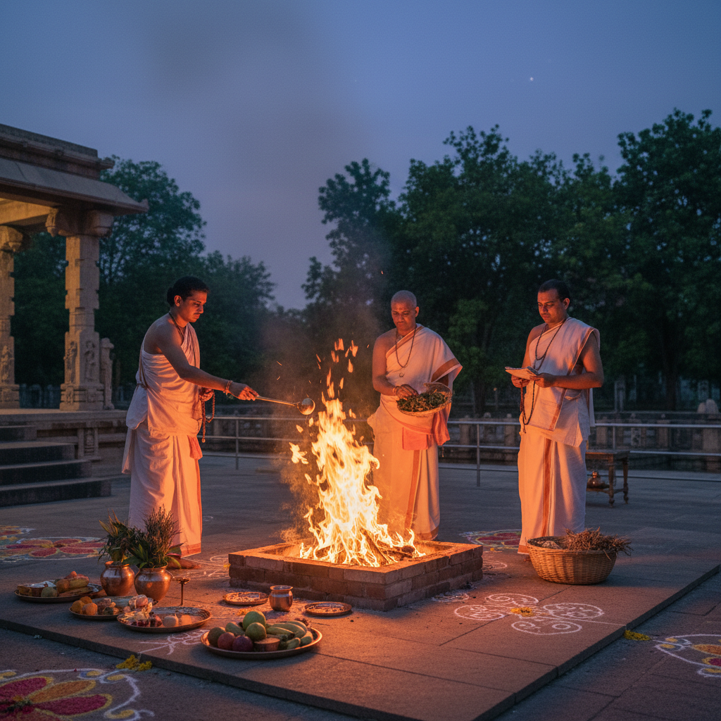 Traditional fire ceremony yajna with sacred flames, flowers, and chanting priests at dusk