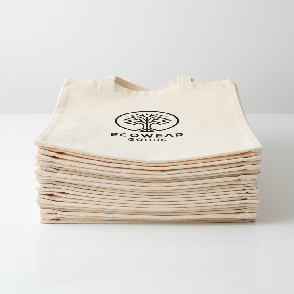 Natural canvas tote bag with bold custom printed design on clean background