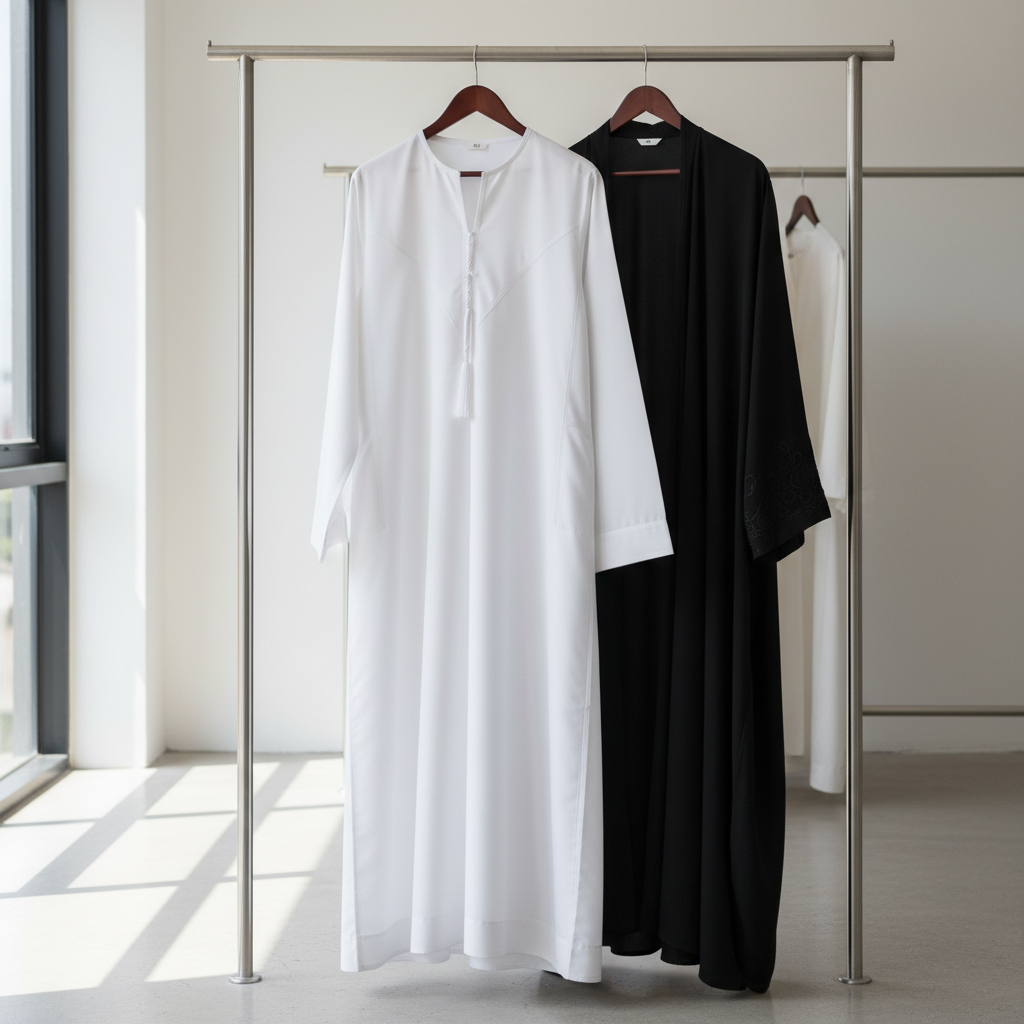 Neatly pressed white Kandura and black Abaya hanging on professional garment rack