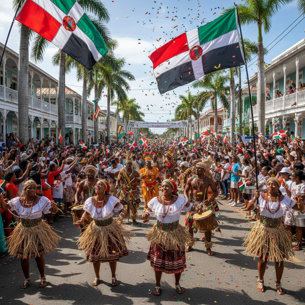 Colorful carnival parade with elaborate costumes and dancers in the streets of Roseau Dominica