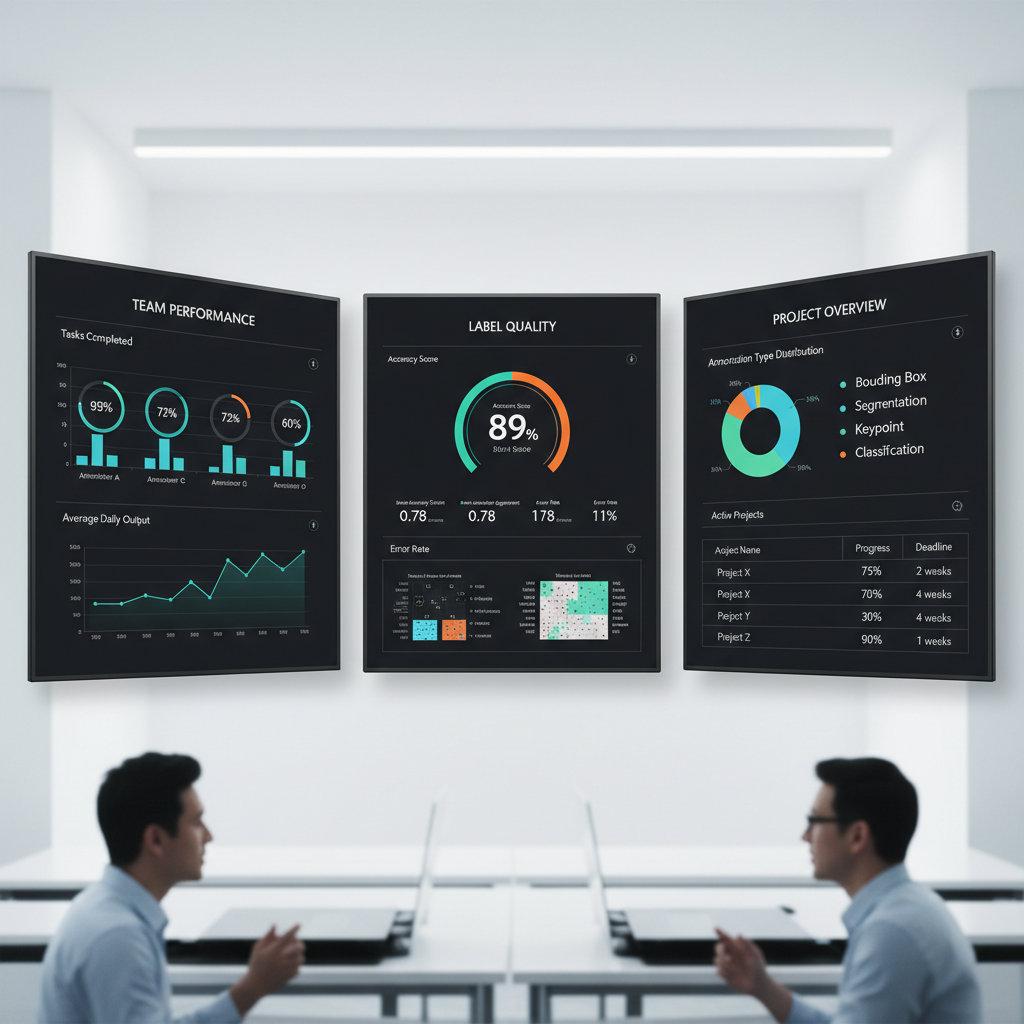 Technology company office with multiple screens showing data analytics, modern workspace, professional tech environment