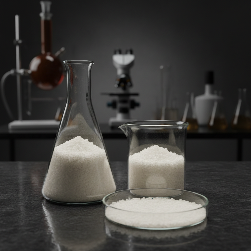 Albumin-enriched Channa striata snakehead fish extract powder in scientific glassware — dark atmospheric laboratory setting with deep shadows for nutraceutical B2B applications