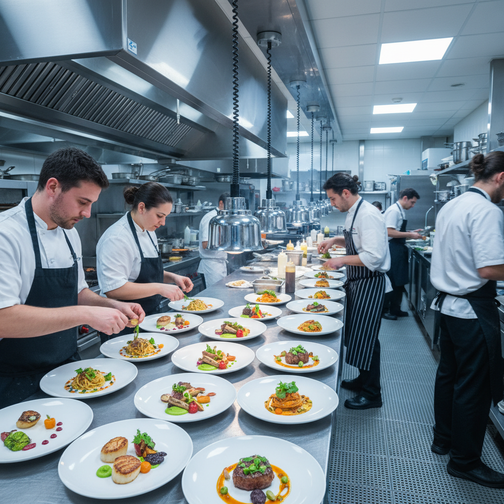 Professional kitchen brigade working together during dinner service, line cooks plating dishes