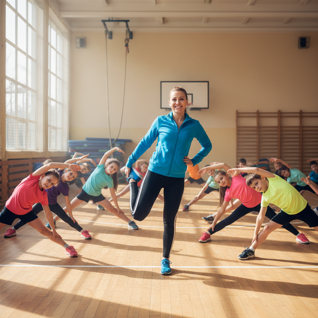 Substitute teacher confidently running a PE class with students stretching