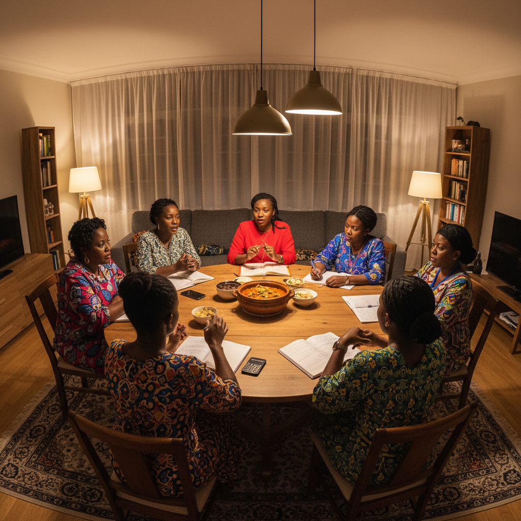 African women in a community support circle, warm indoor lighting, colorful fabrics, hands clasped together, deep warm shadows, sense of solidarity