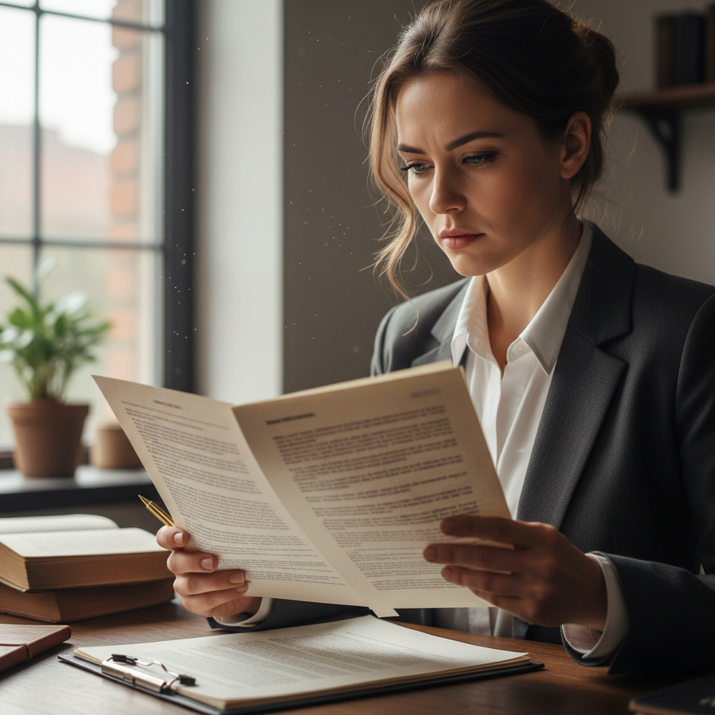 Jurist liest Gesetzbuch am Schreibtisch mit Waage der Gerechtigkeit im Hintergrund