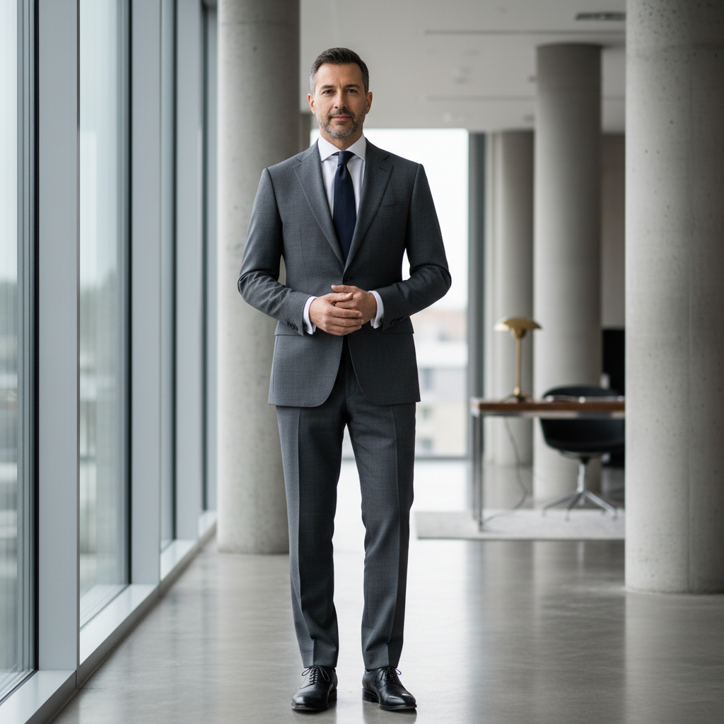 Man in a well-tailored dark suit in a minimalist setting — ADVELSCOR men's collection