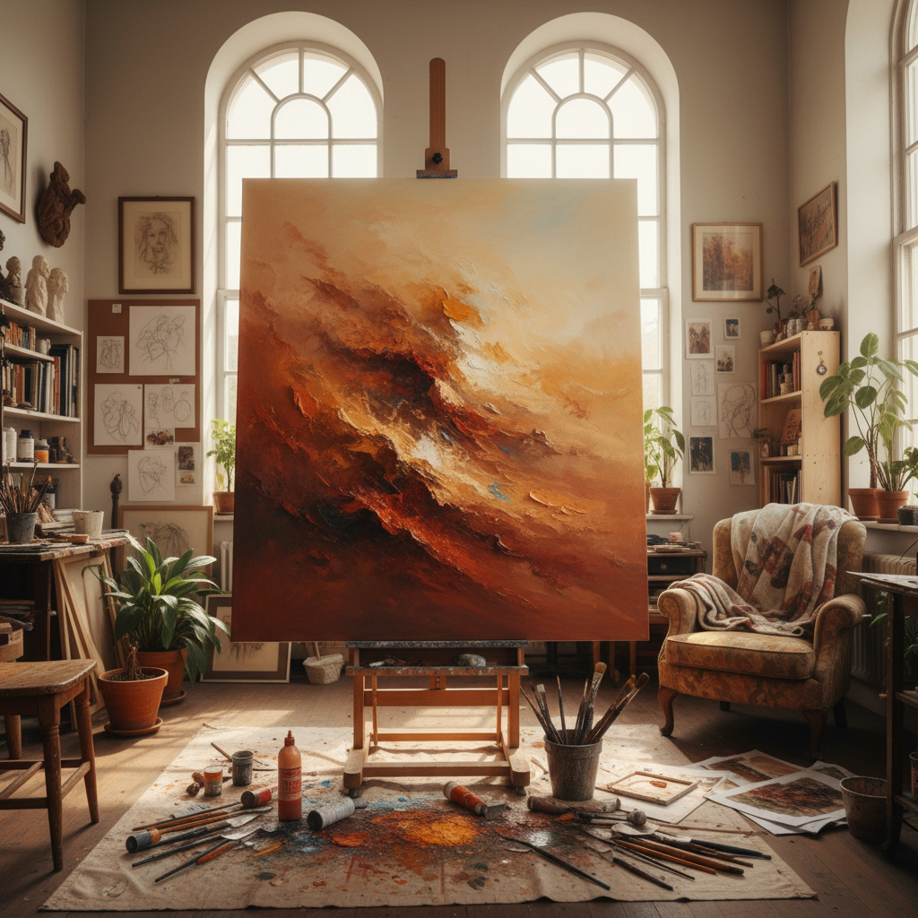 Mara Osei's studio with large canvas showing harmattan-inspired abstract painting in warm ochres and siennas