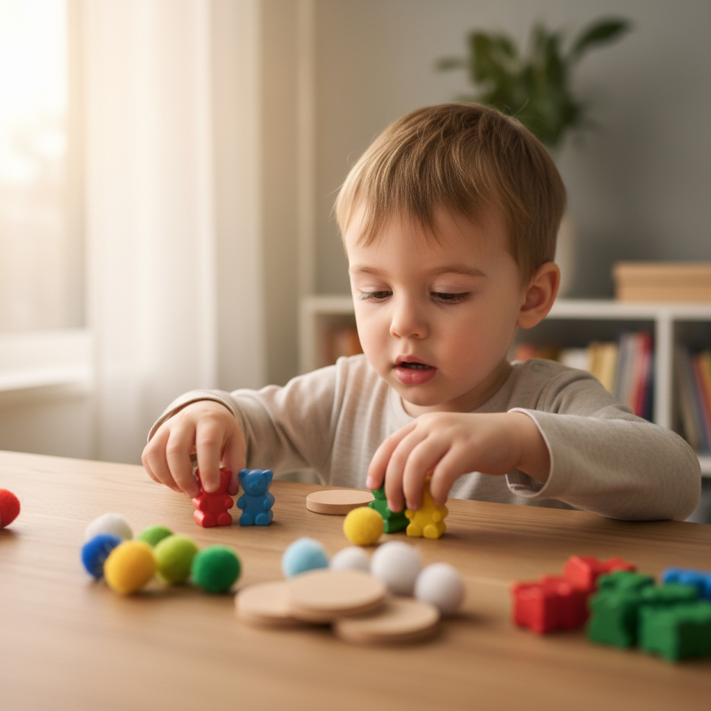 Young child sorting colorful counting objects into groups, counting quietly with intense focus