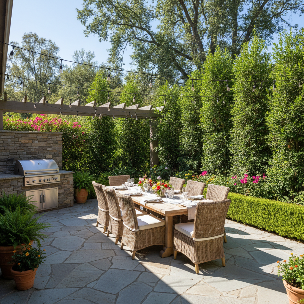 Secluded landscaped gardens with mature trees and outdoor entertaining space