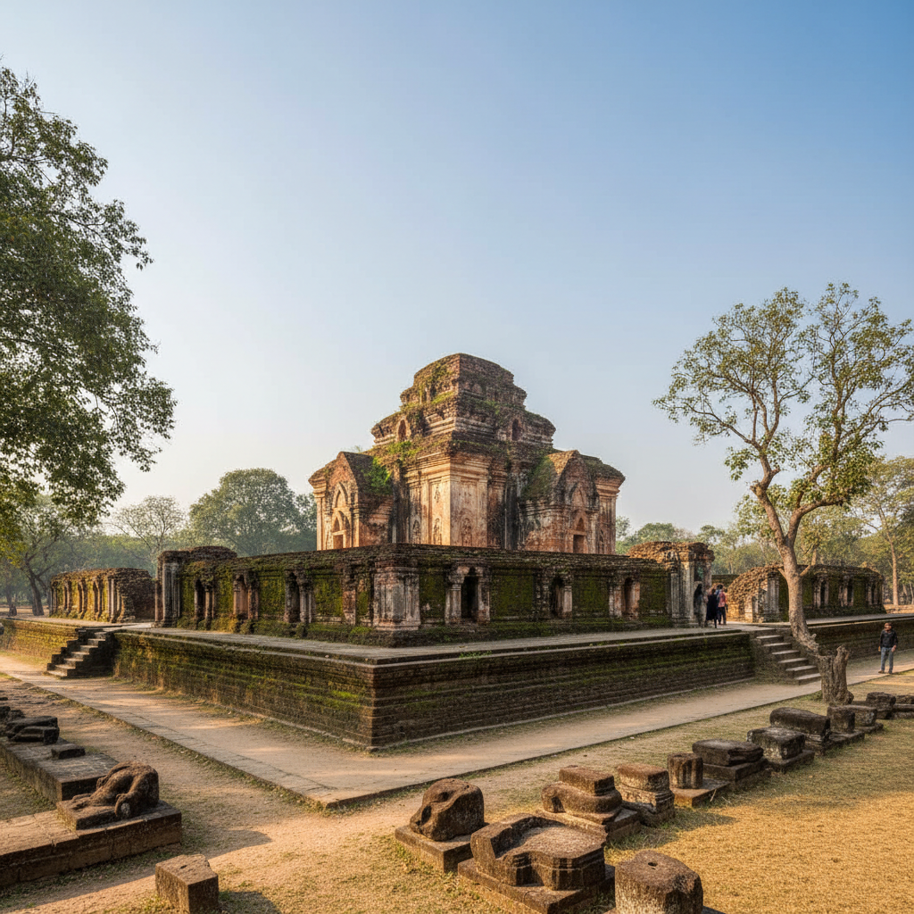 Ancient Buddhist temple Vavuniya Sri Lanka, serene stone dagoba surrounded by trees, peaceful forest setting