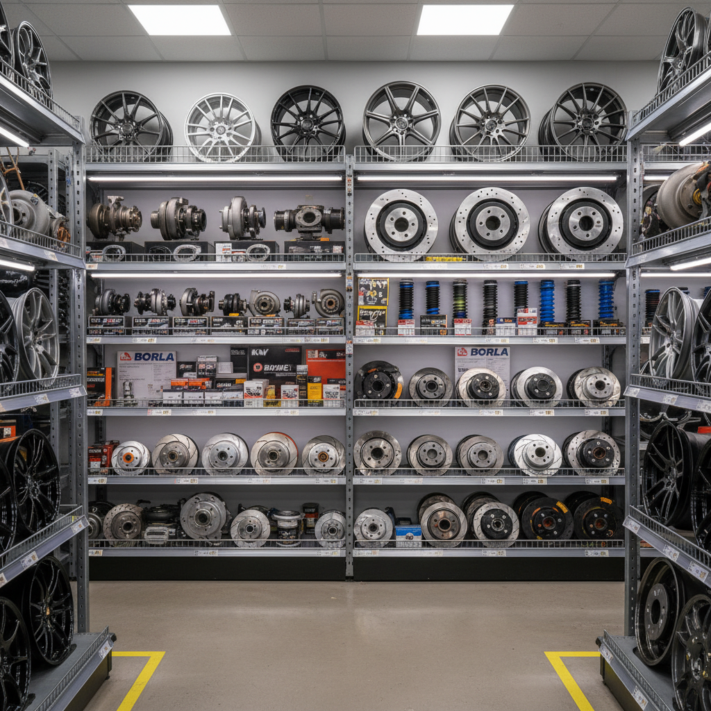 Aftermarket auto parts displayed on shelves in a parts store