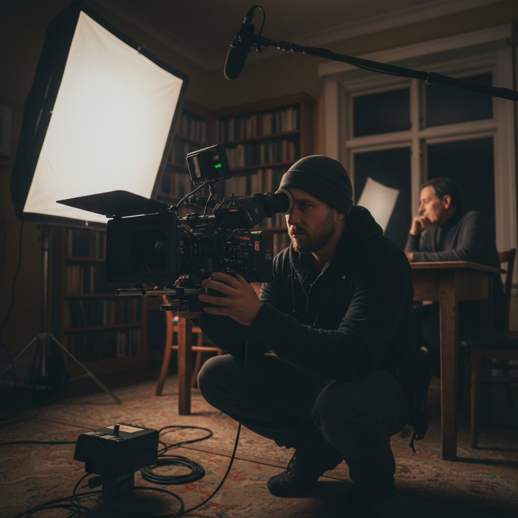 Documentary camera operator filming interview in a dim room, subject visible in background