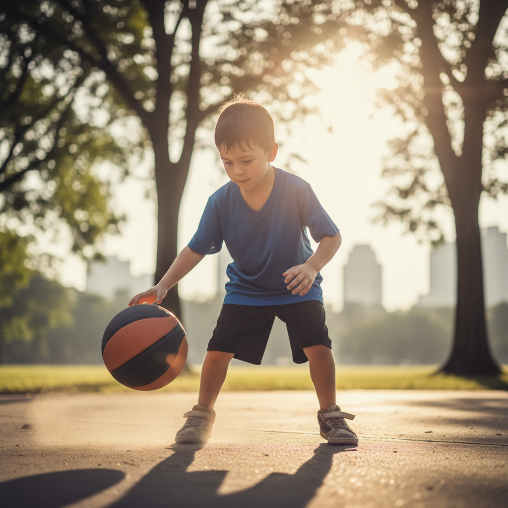 Young boy dribbling a basketball with intense focus during morning session
