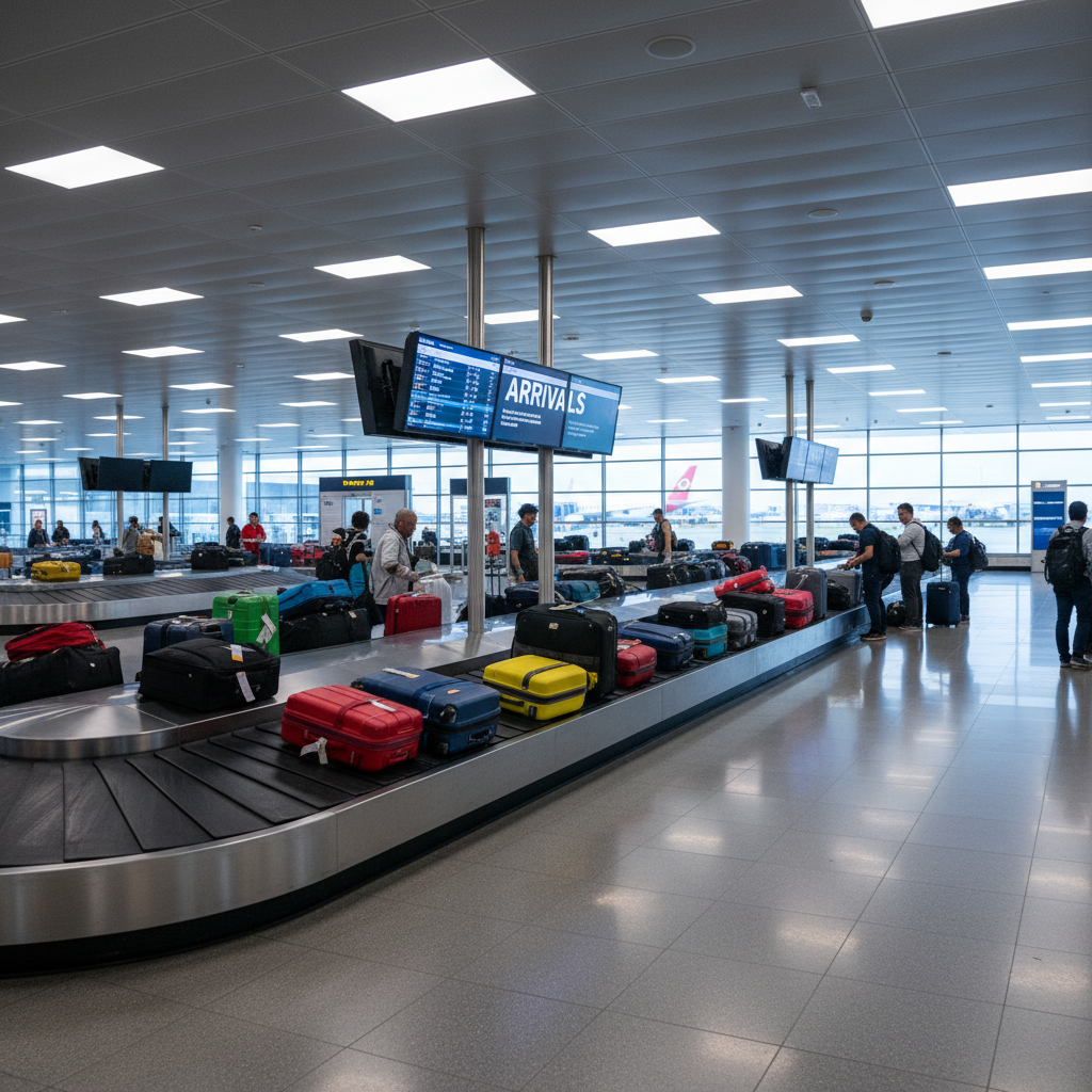 Airport baggage claim carousel conveyor system in a modern terminal