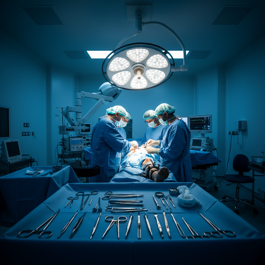 Bright sterile orthopaedic operating theatre with surgical instruments and implants, clean clinical environment with professional lighting