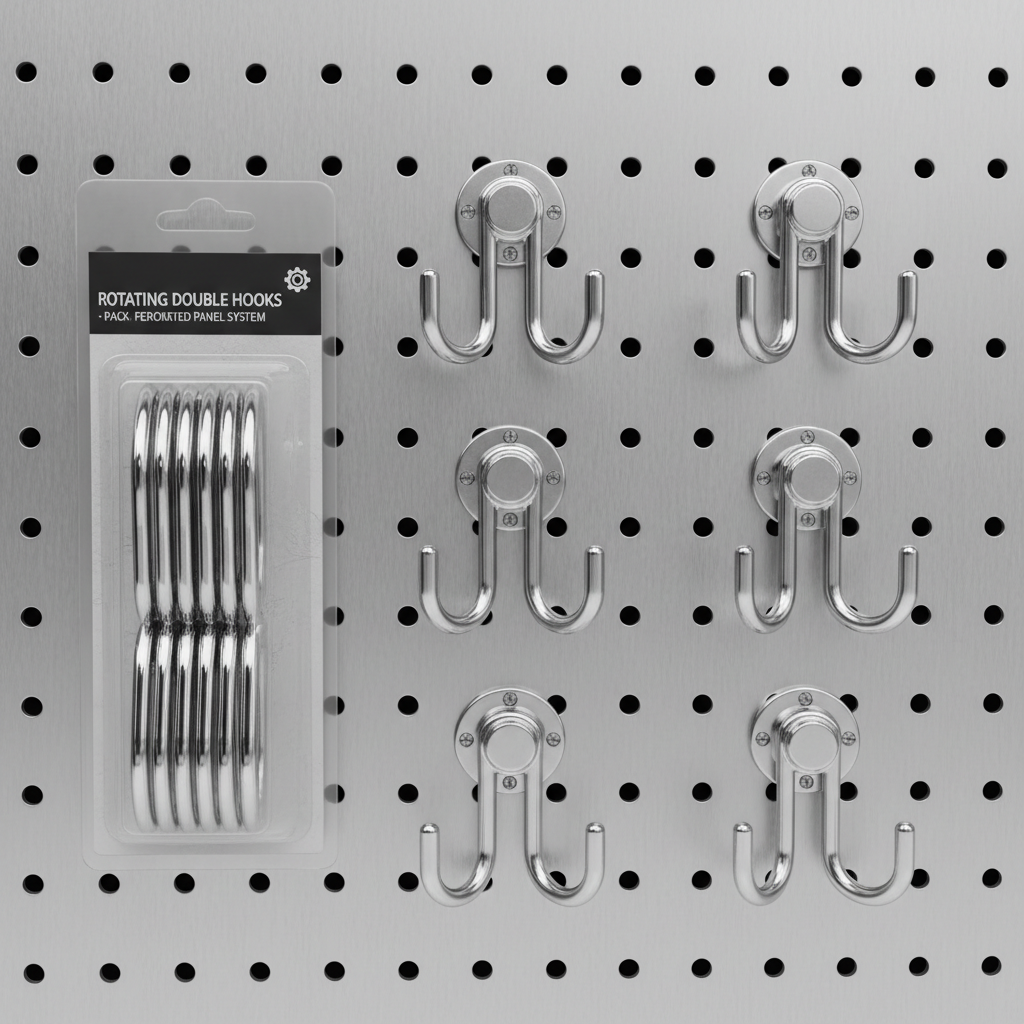 Pack of eight rotating double hooks for perforated panel system showing installation on steel panel