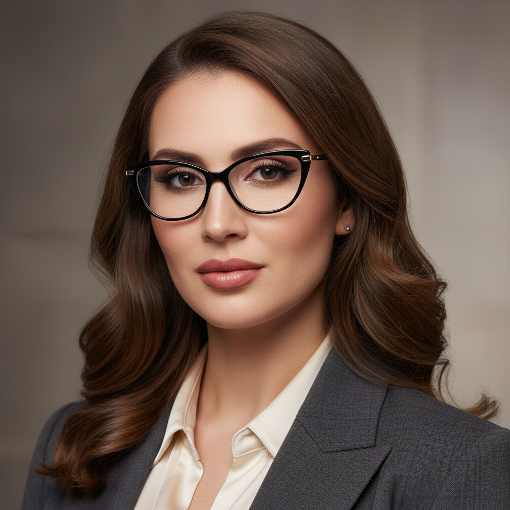 Professional makeup artist in elegant black blazer with sunglasses, dark hair, warm cream studio background with natural shadows