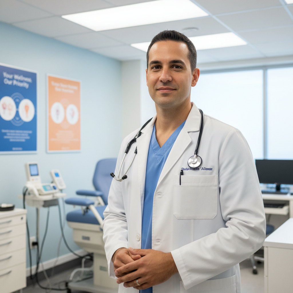Dr. Rafael Mendez, founder of ClearPath Clinics, doctor in white coat in medical office