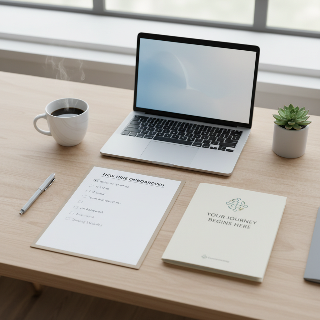 New employee onboarding kit with notebook, pen, bottle and welcome card on white desk