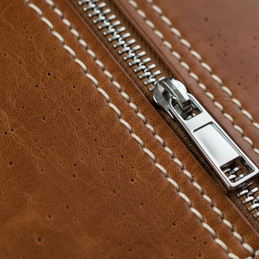 Extreme close-up of full-grain leather surface with stitching detail and chrome zipper hardware in shallow depth of field