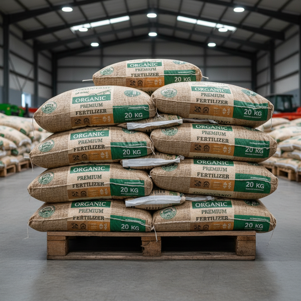 Organic fertilizer bags stacked for agricultural use