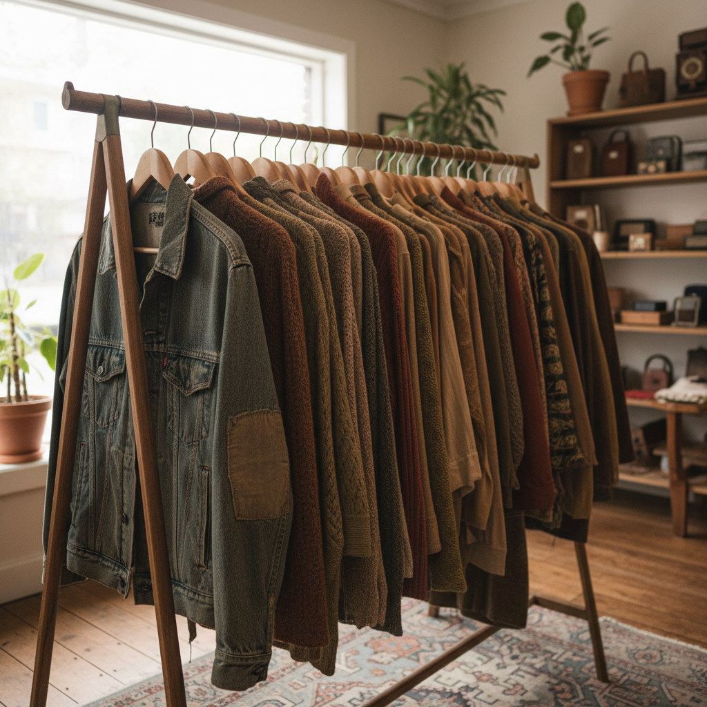 Colourful secondhand clothing hanging on a rack in a bright thrift store, warm afternoon light, earthy tones