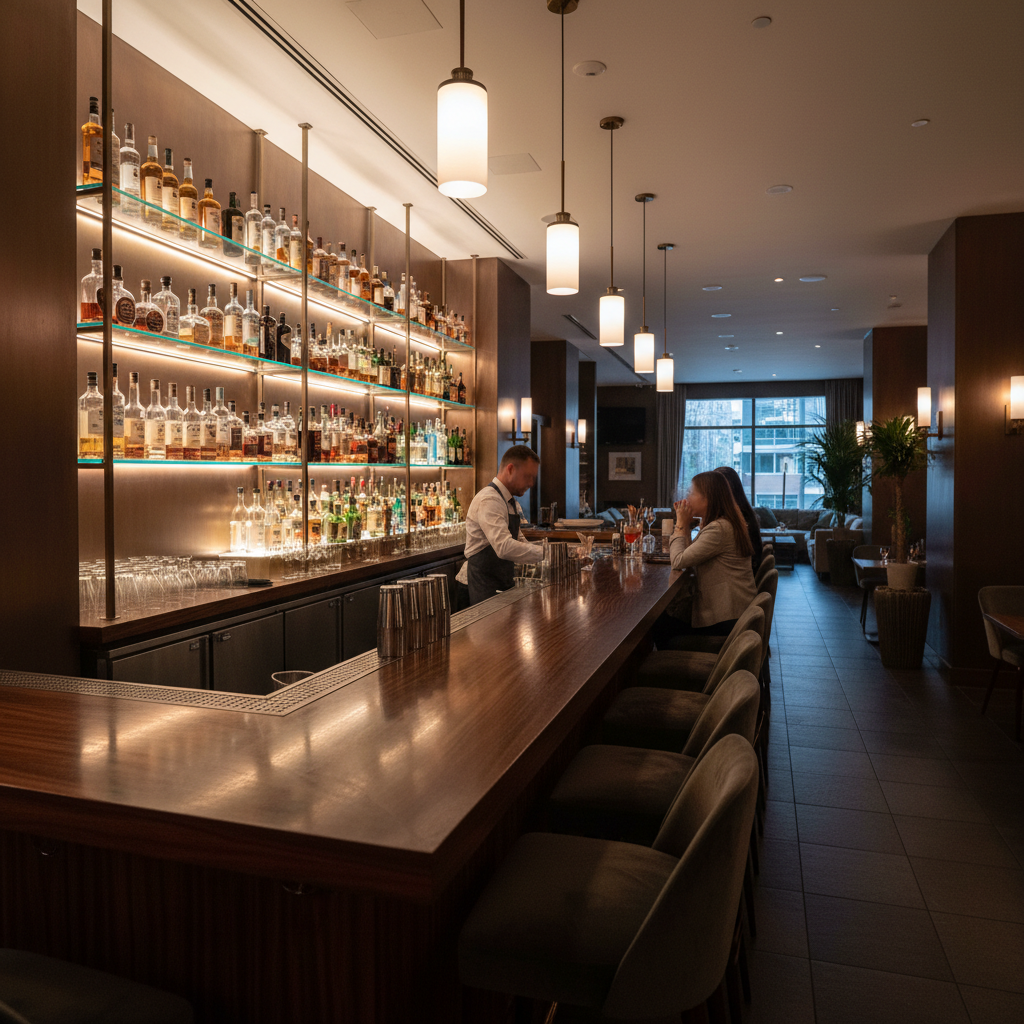 Sophisticated dark bar with backlit bottles, polished counter, moody atmospheric lighting