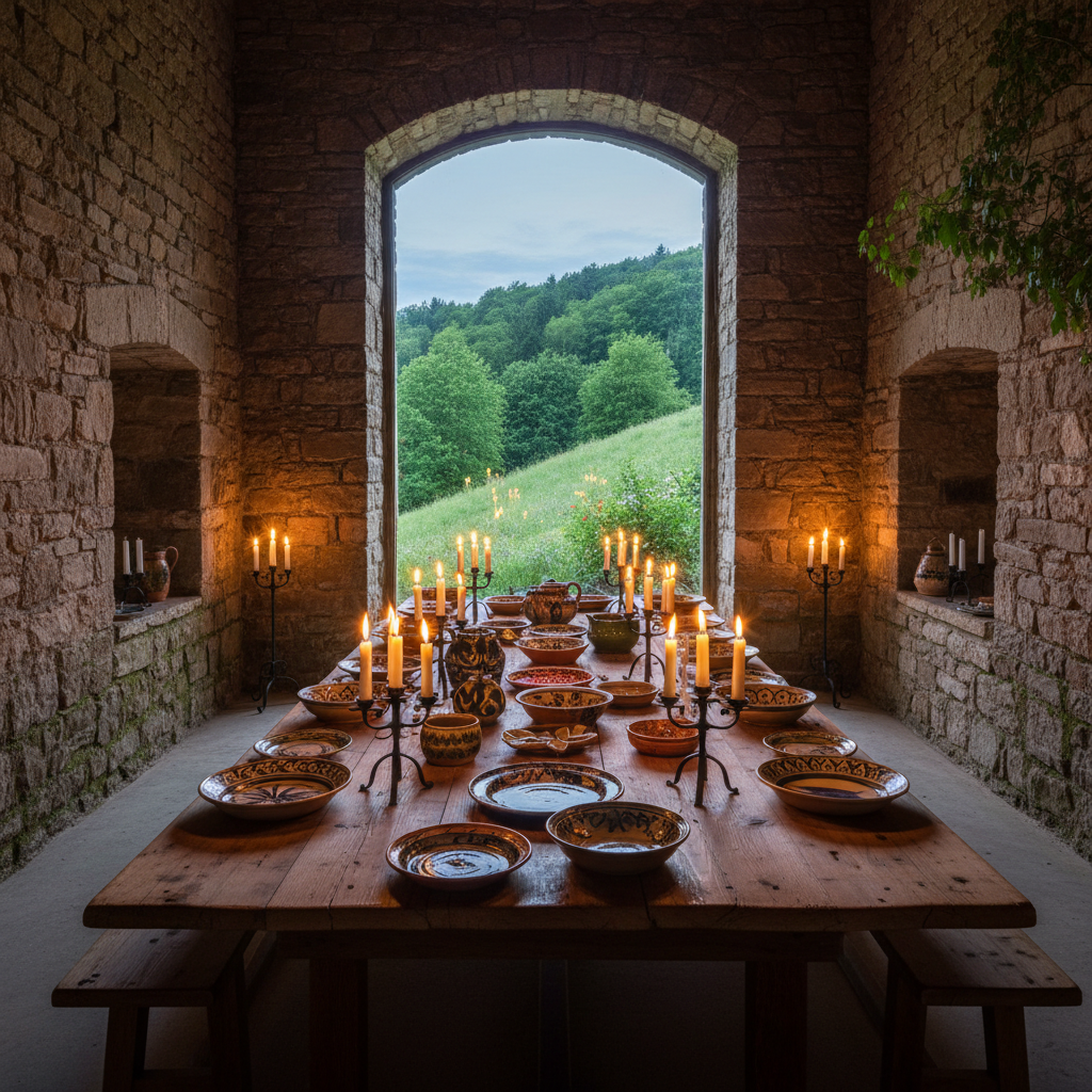 Rustic Highland dining room with stone walls, candlelight, and an elegantly set long table, moody atmospheric lighting